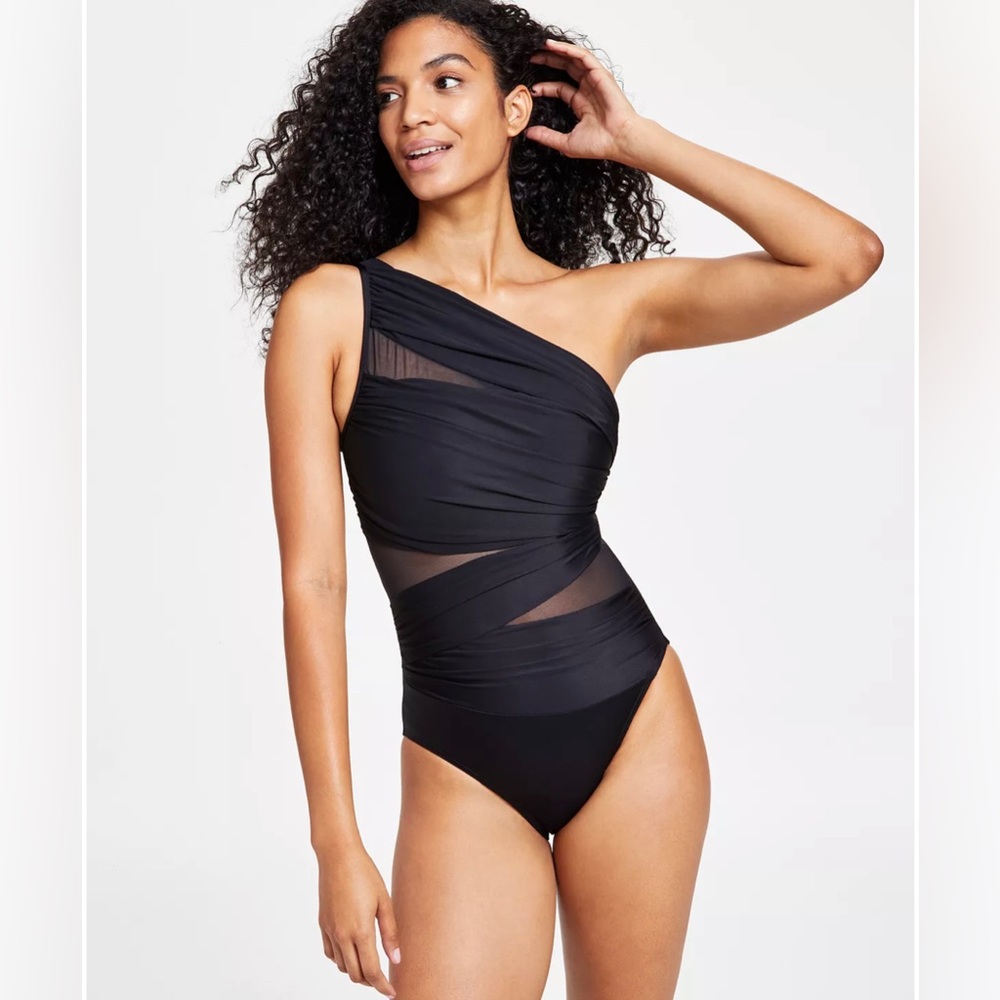 - NWT MiracleSuit, size US 16, black, one-piece, one shoulder bathing suit